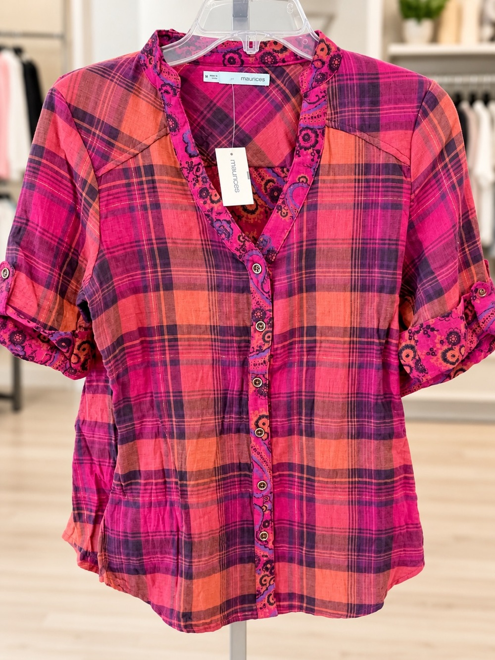 Maurices Pink and Orange Plaid Button-Front Women's Shirt